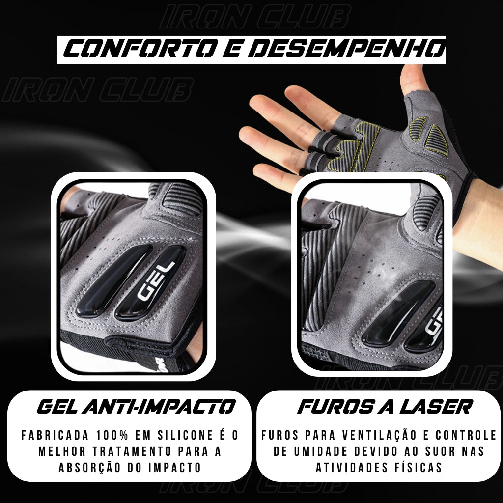 Destaque das tecnologias da luva Fezrgea: palma com gel de silicone para absorção de impacto e furos a laser para ventilação.