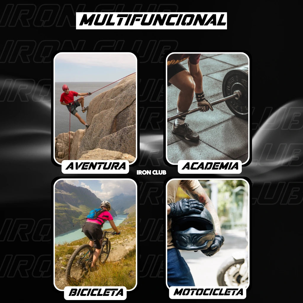 Mosaico de imagens mostrando a versatilidade da luva Fezrgea, sendo usada em atividades como aventura, academia, bicicleta e motocicleta.