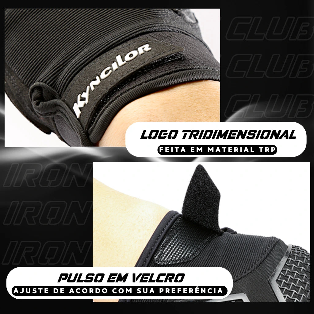 Detalhes da luva de treino Fezrgea: logo tridimensional em material TRP e o fecho de pulso com ajuste em velcro.