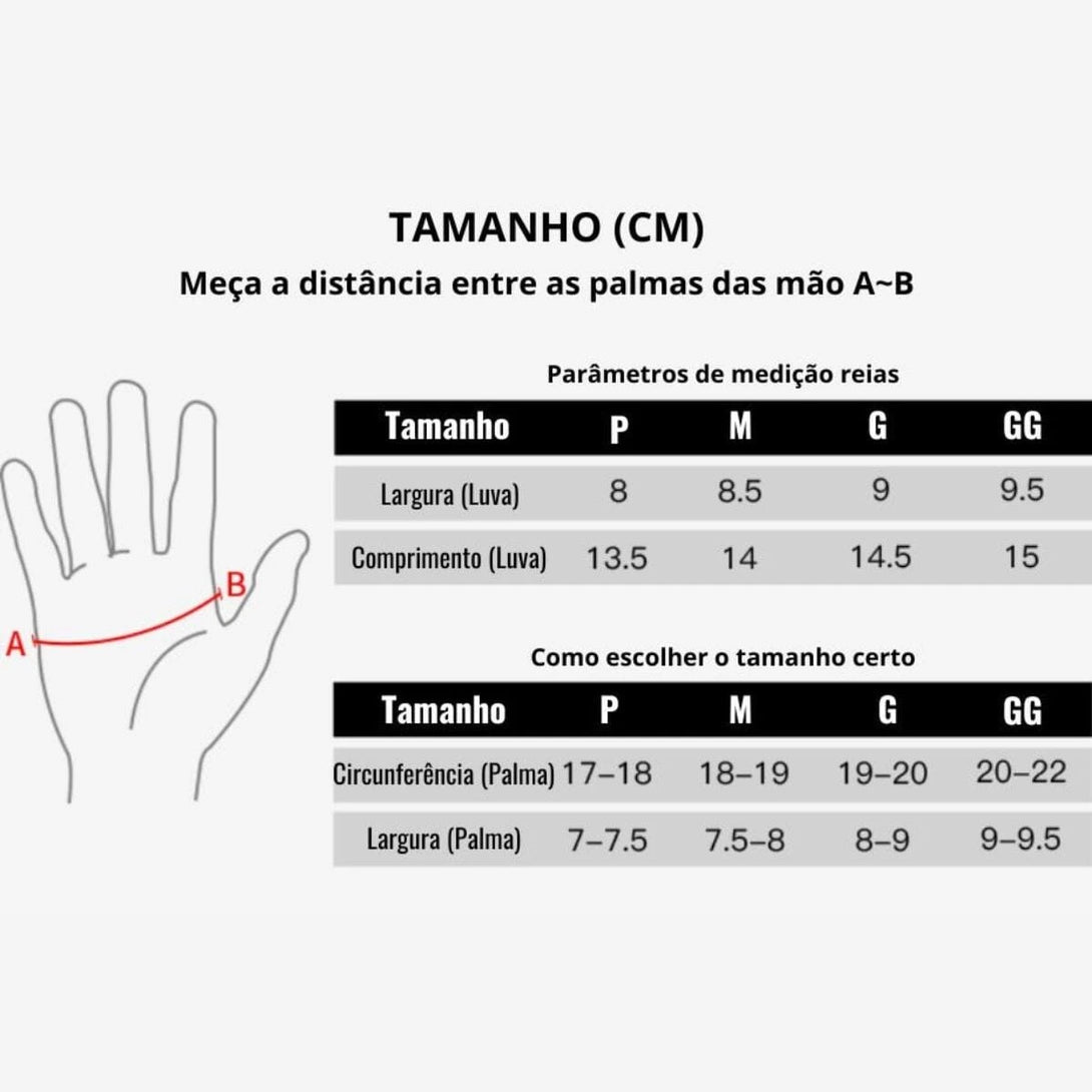 Tabela de medidas para escolher sua luva, começando pelo tamanho P até o tamanho GG
