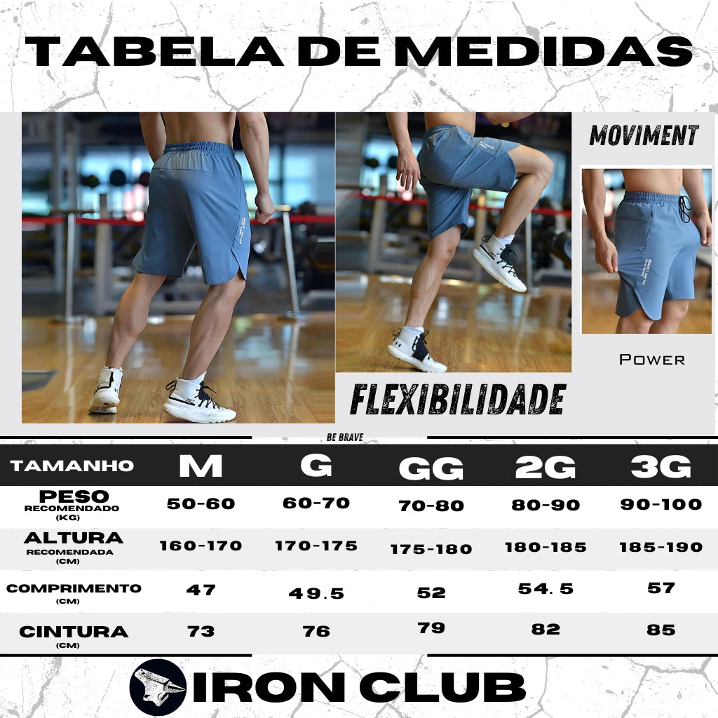 Tabela de medidas para o short de treino Iron Club, com recomendação de tamanho baseada em peso, altura, comprimento e cintura.