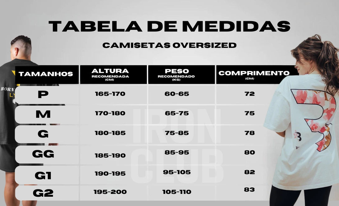 Tabela de medidas para camisetas oversized da Iron Club, com recomendação de altura, peso e comprimento para os tamanhos P ao G2.
