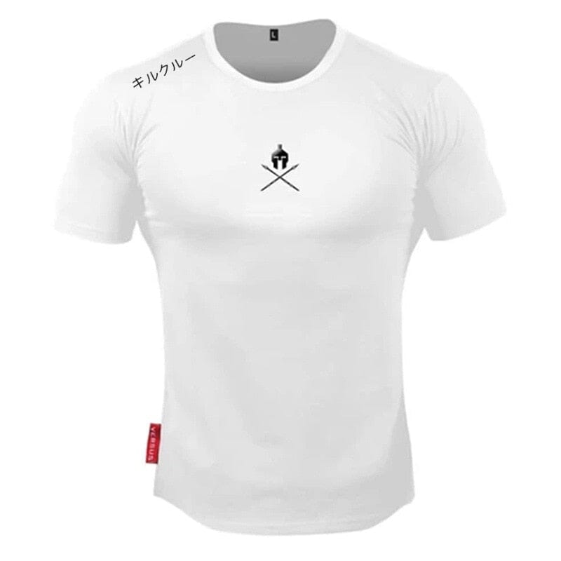 Camiseta de treino branca'Spartan' da Iron Club com logo no peito e estampa japonesa no ombro.