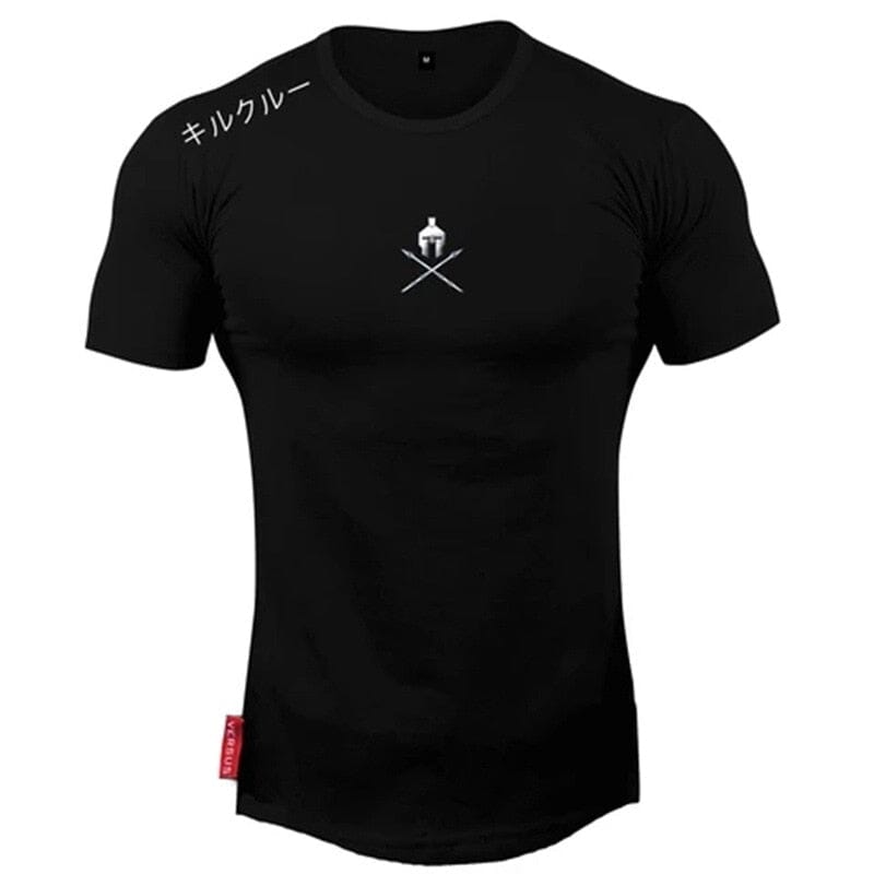 Camiseta de treino preta 'Spartan' da Iron Club com logo no peito e estampa japonesa no ombro.