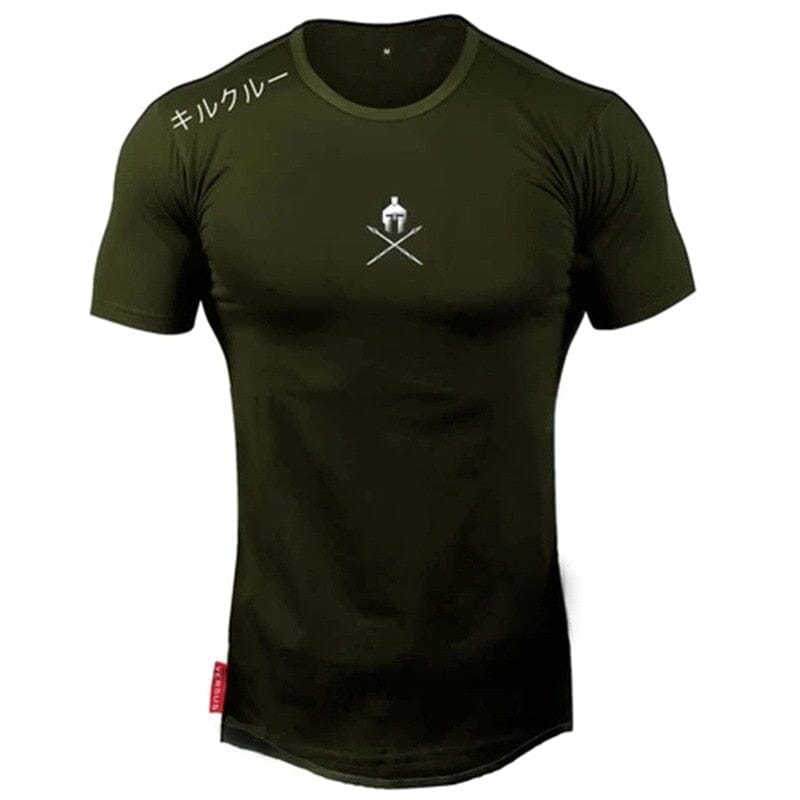 Camiseta de treino verde 'Spartan' da Iron Club com logo no peito e estampa japonesa no ombro.