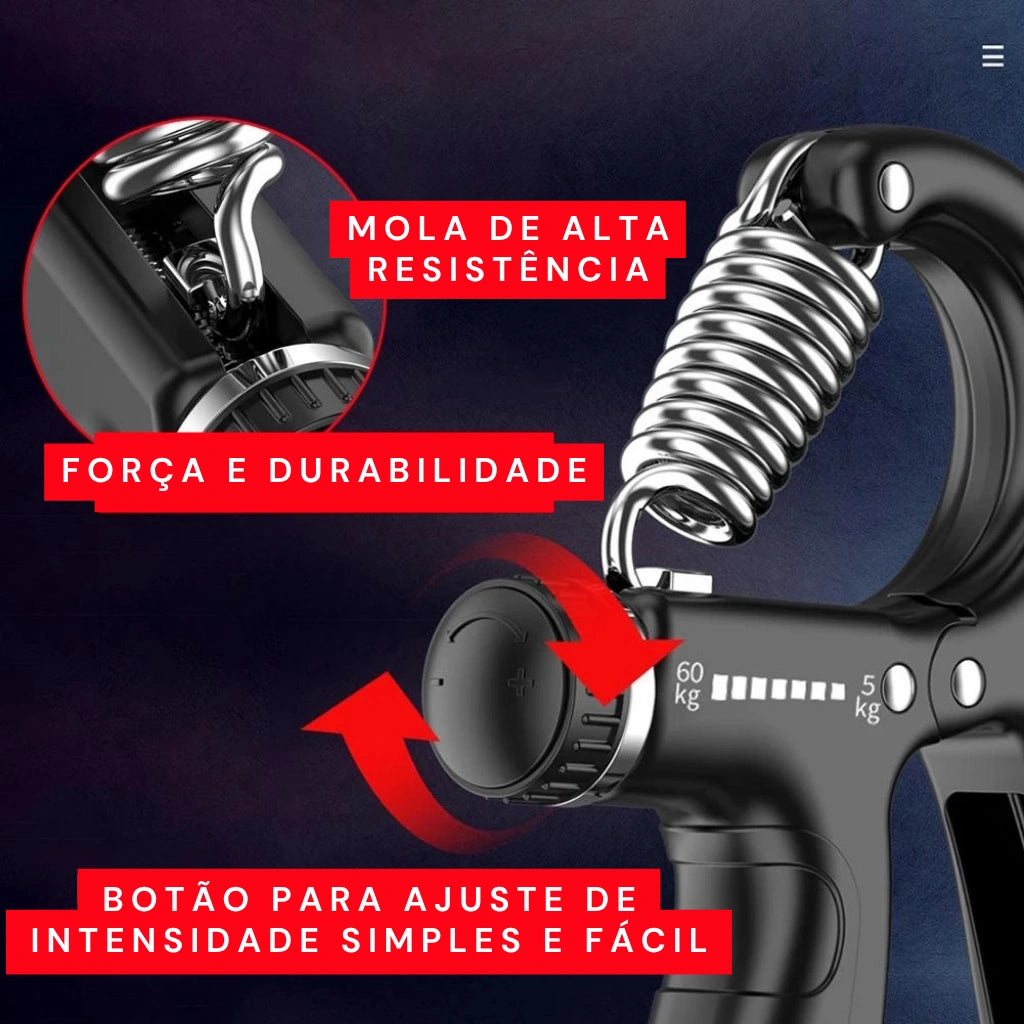 Foto mostrando a resistência da mola do hand grip e seu boto prático para ajuste de intensidade