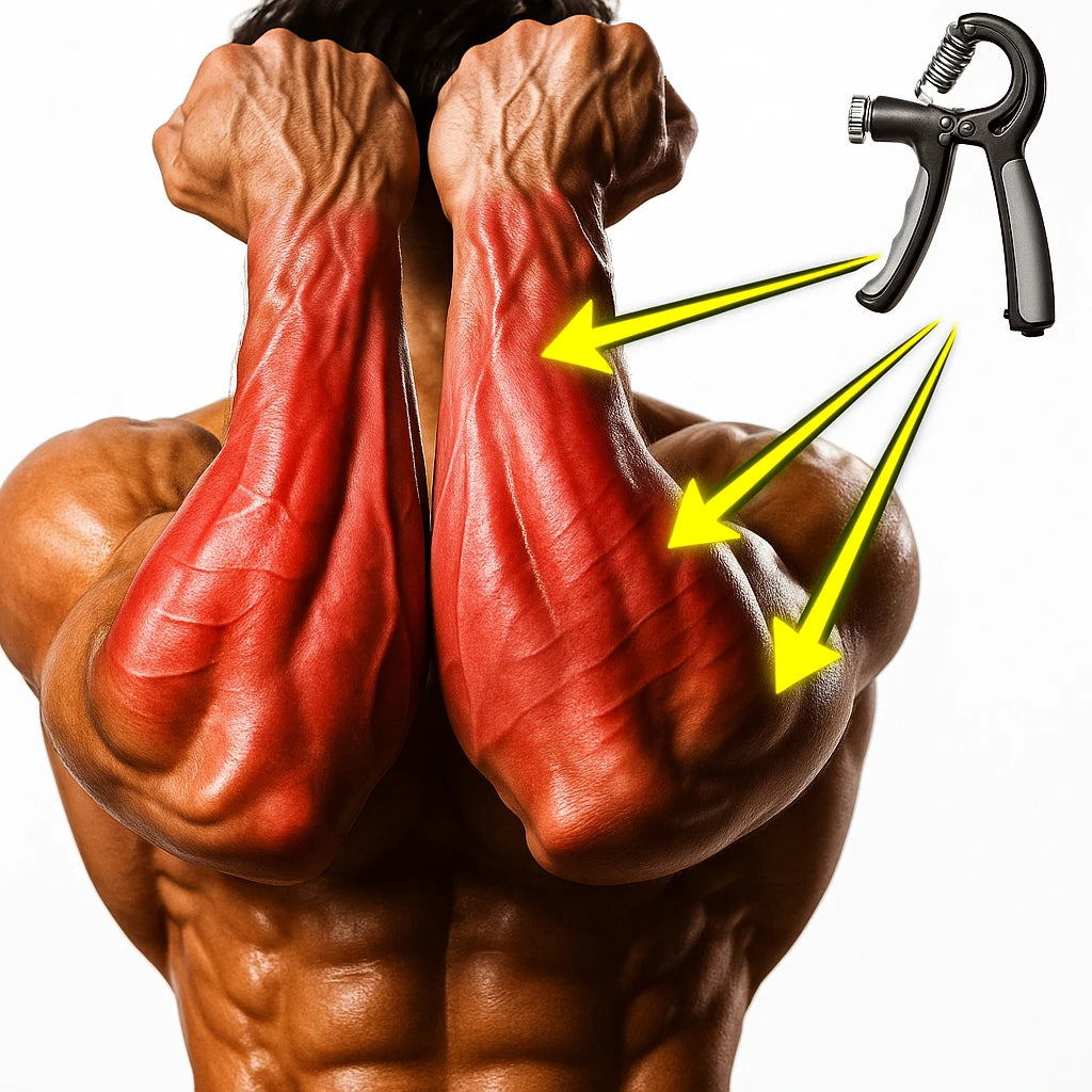 Infográfico mostrando como o Hand Grip atua no fortalecimento dos músculos do antebraço, com setas indicando a área de impacto.