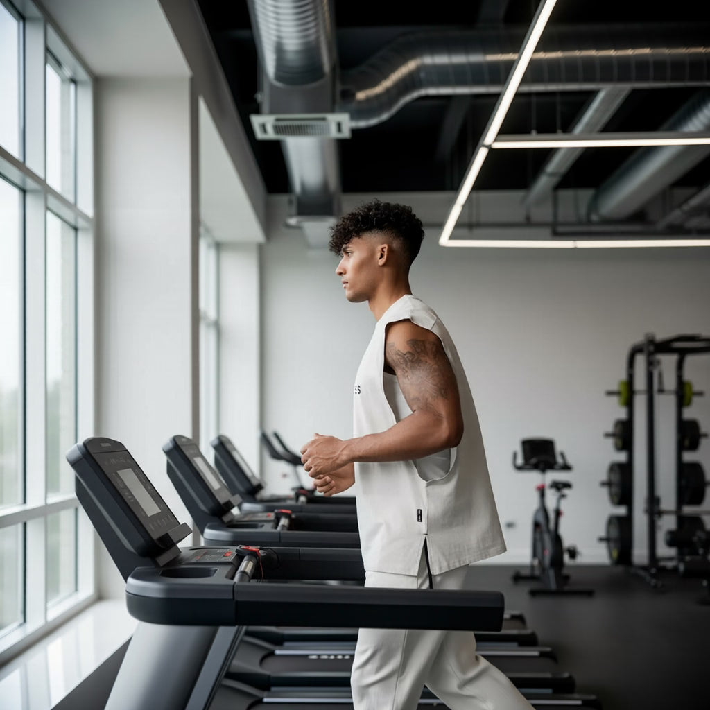 Regata machão longline branca Iron Club usada na esteira, treino de academia