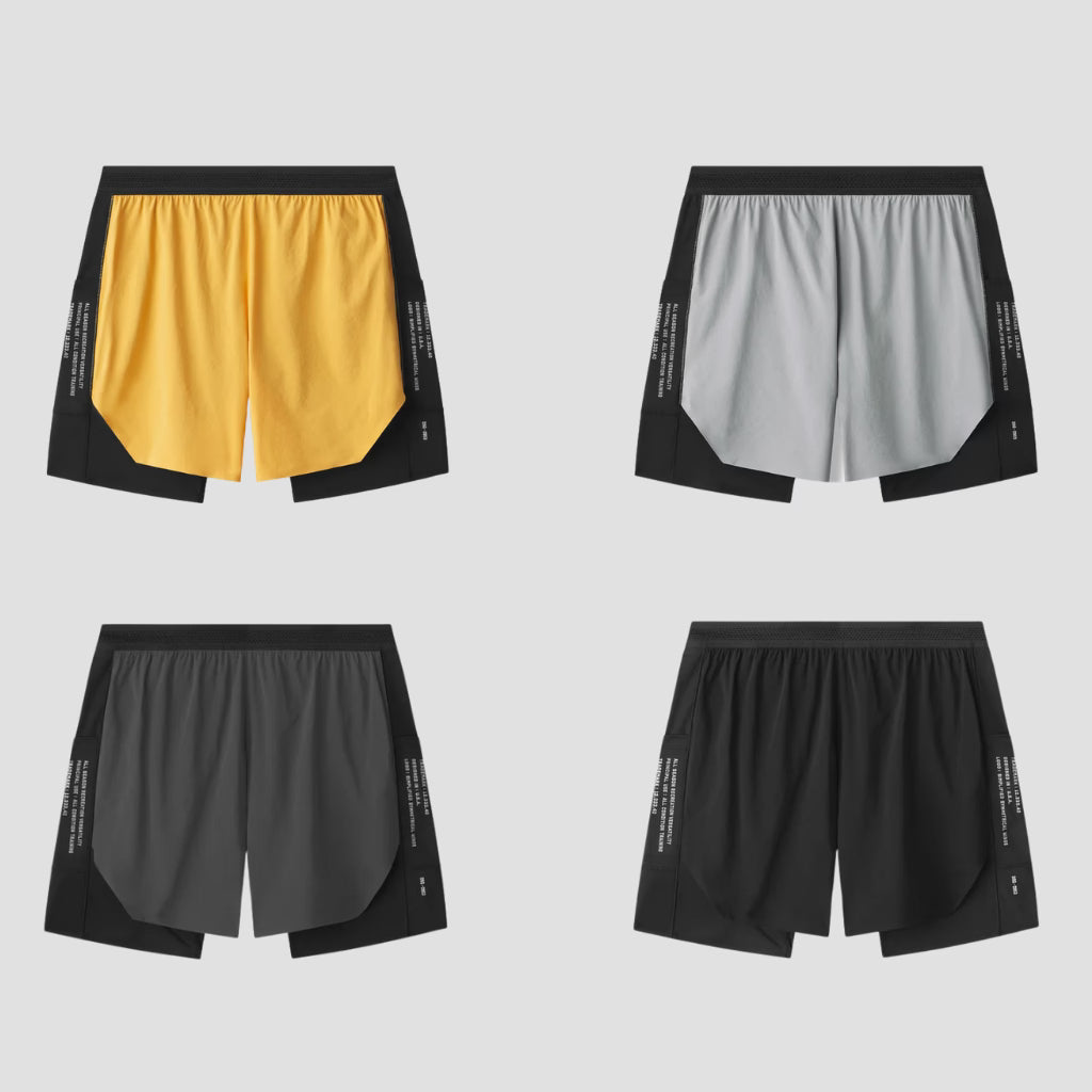 short de corrida masculino 2 em 1 com bermuda de compressão — opções de cores amarelo, cinza, chumbo e preto (vista frontal) da loja ironclub