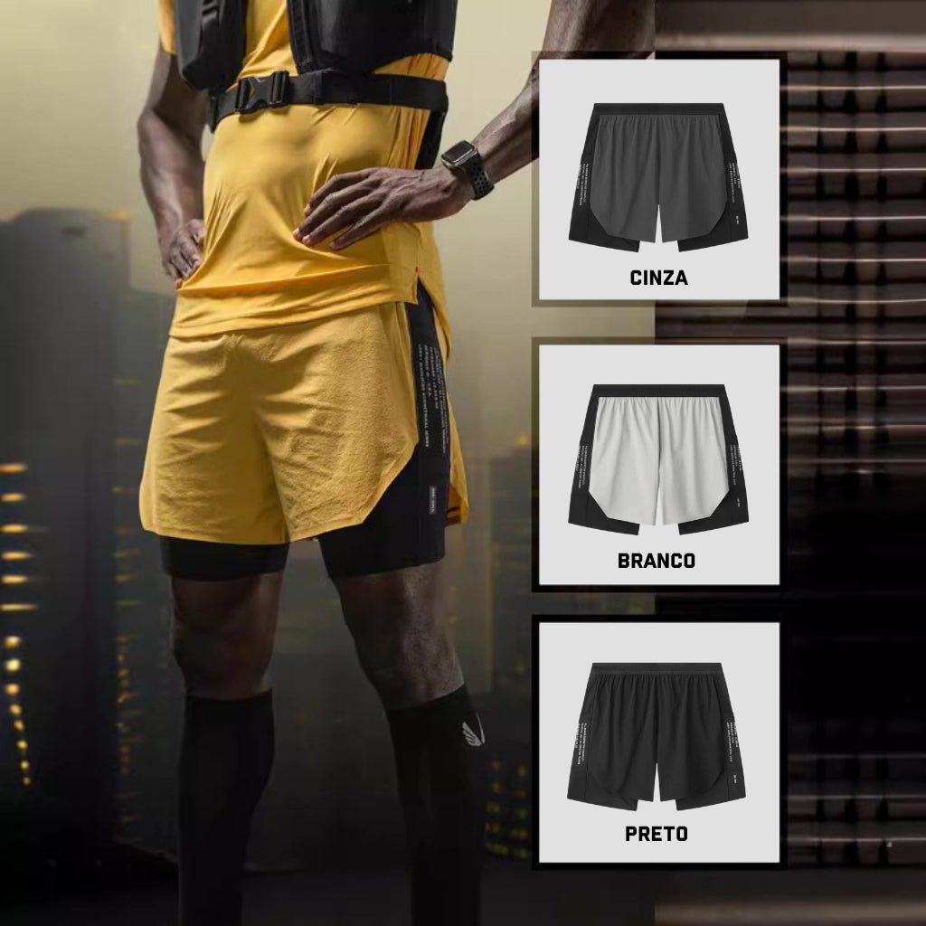 short de corrida masculino 2 em 1 no corpo, opções de cores cinza, branco e preto da loja ironclub