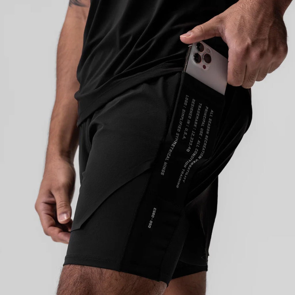 short de corrida masculino 2 em 1 preto, bolso lateral para smartphone na compressão da loja ironclub